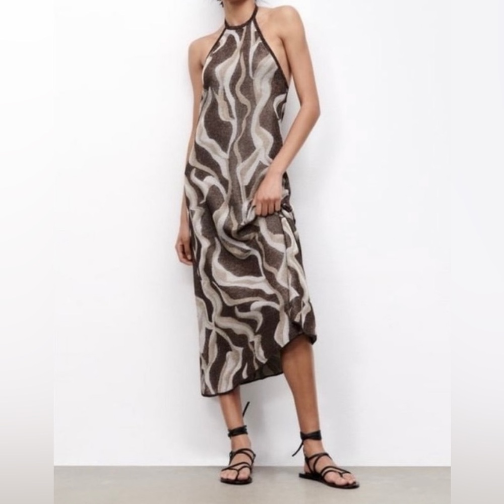 Zara shimmer metallic halter neck dress